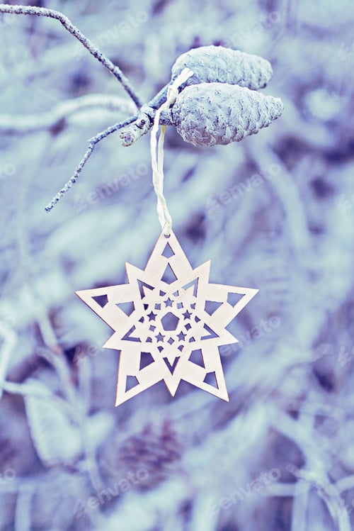 Preview: Scandinavian Christmas decorative wooden snowflake on blue natural background with branches of tree