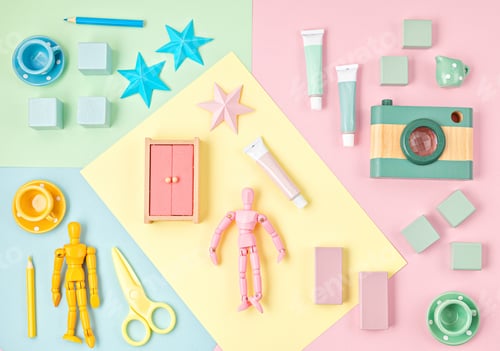 Preview: Colorful kids zero waste toys over bright background. Children gender neutral development and