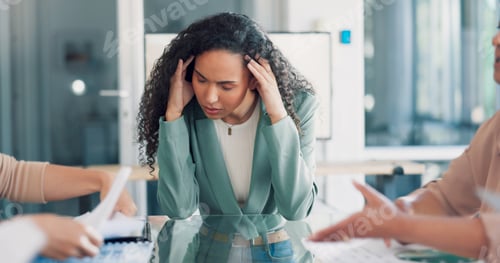 Preview: Stress, meeting and business black woman headache, pain or anxiety, thinking of documents review. B