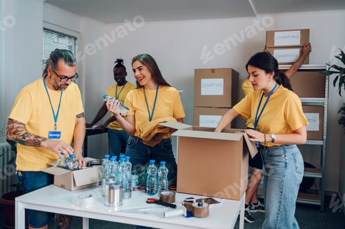 Preview: Group of multiracial volunteers working in community charity donation center