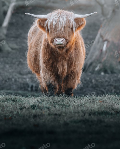 Preview: Vertical shot of a highland cattle standing in the field.