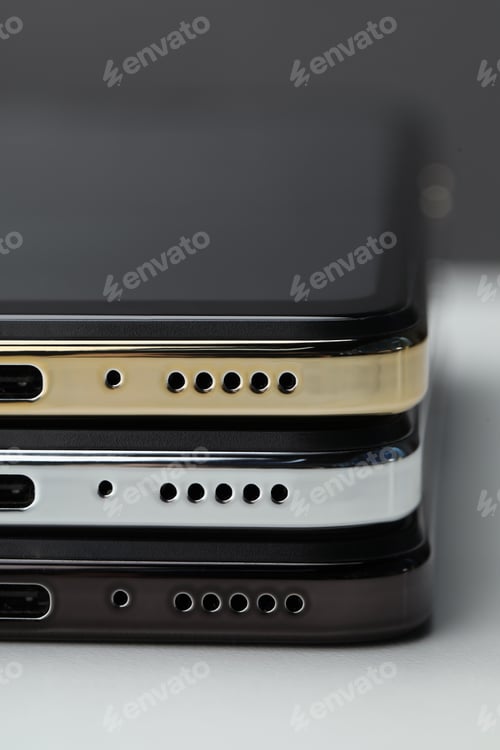 Preview: Stack of modern smartphones on white table, closeup