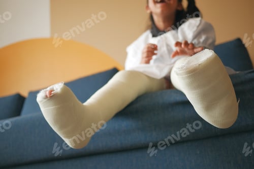 Preview: little child with plaster bandage on leg.