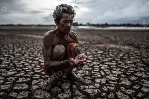 Preview: An elderly man sitting in touch with rain in the dry season, global warming, selection focus