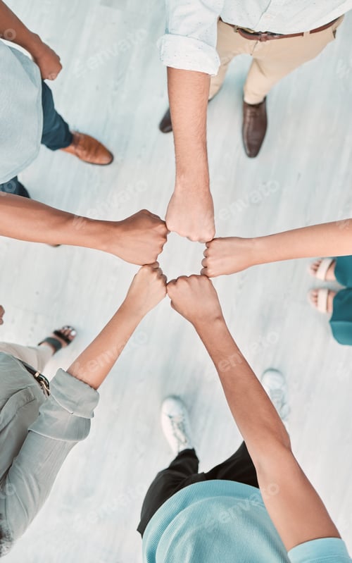 Preview: Fist bump, team building and business people in collaboration for success, mission goals and compan
