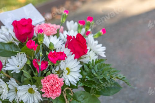 Preview: Close-up photo of rose and chamomile bouquet