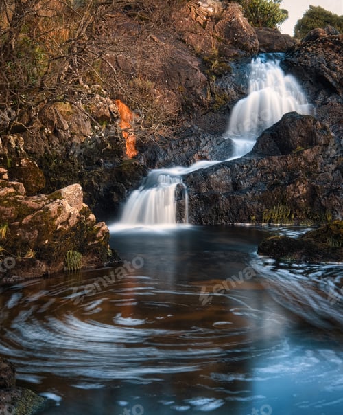 Scenic Waterfall Flowing Over Rocks into Pool