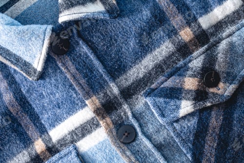 Preview: Close-up, autumn warm textural blue plaid shirt.