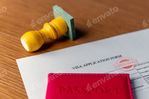 Preview: A visa application form with "APPROVED" stamp, a red passport, and a rubber stamp.