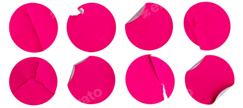 Preview: A set of blank pink round adhesive paper sticker label isolated on white background.