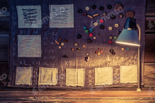 Preview: Sewing cloth made of needles, threads and buttons in tailor workshop