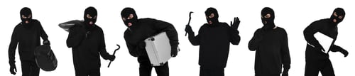 Preview: Thief in balaclava on white background, collage of photos