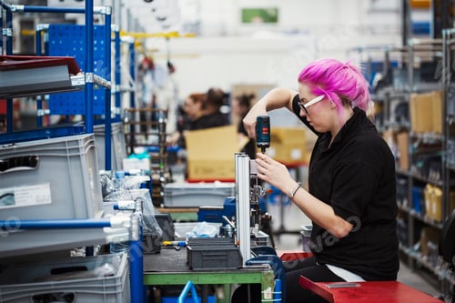 Preview: A young woman with pink hair using a power tool on a cycle frame. A skilled factory worker
