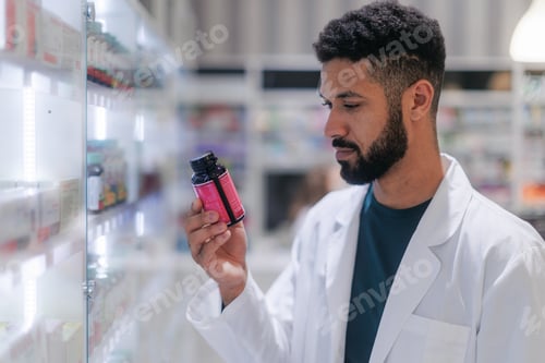 Preview: Young pharmacist checking medicine stock in pharmacy.