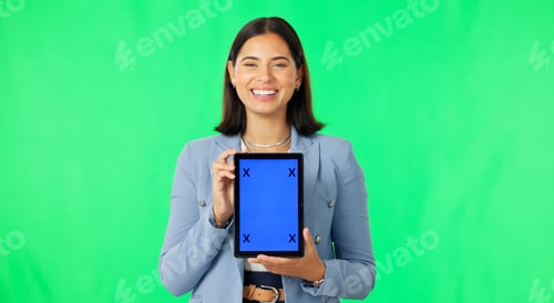 Preview: Happy woman, tablet and mockup on green screen with tracking markers for advertising against studio