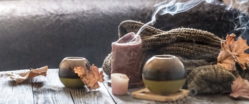 Preview: Cozy autumn morning breakfast in bed still life scene.