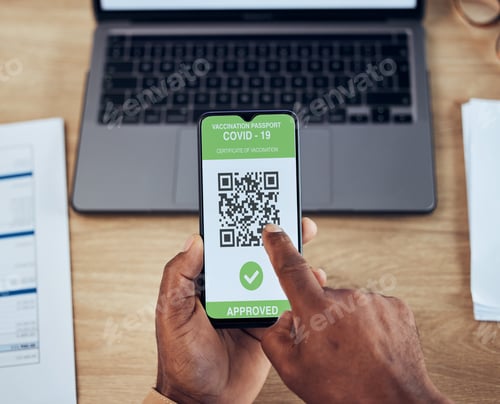 Preview: Hands, phone screen and person with a covid qr code, vaccination certificate and travel security. H