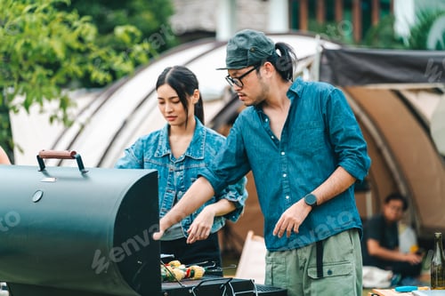 Preview: Group diverse friend having outdoors bbq party together, camping activity lifestyle in summer