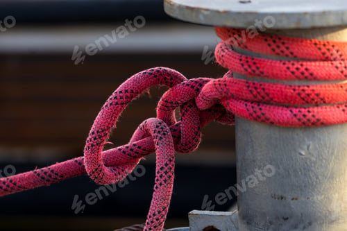 Preview: Metal Bollard on Wooden Dock with Red Rope Securely Wrapped