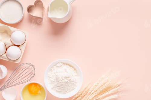 Preview: Ingredients for baking on light pink background.