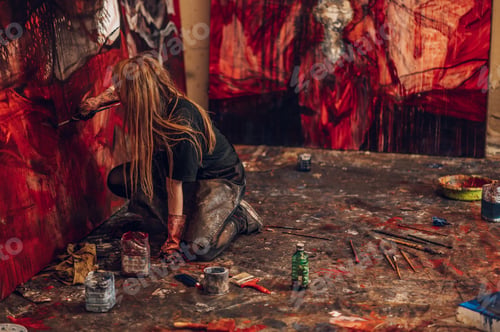 Preview: Female painter artist painting and creating her art in a creative studio
