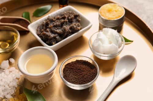 Preview: Ingredients for natural body scrub on metal tray