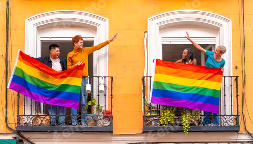 Preview: Couples of gay boys and lesbian girls with the lgtb flag on the balconies at a house party