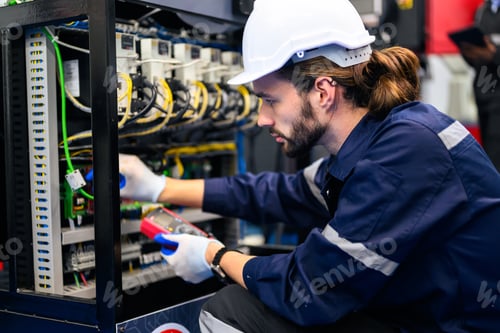 Preview: Technician engineer holding robot controller checking automatic robotic machine