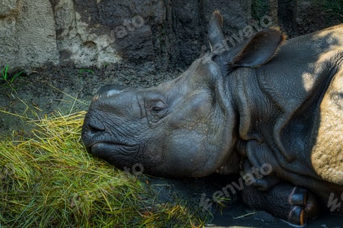 Preview: Close-up of a rhinoceros resting its head on a pile of grass. The rhinoceros has a thick, gray skin