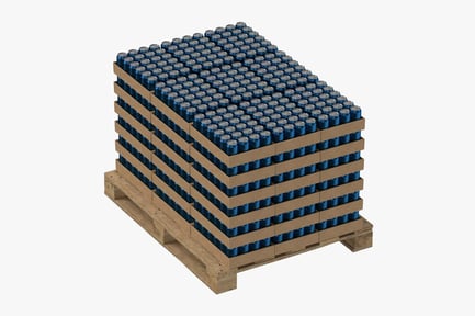 Preview: Packed Blue Cargo Cans on Pallet - Plain Aluminum Soda