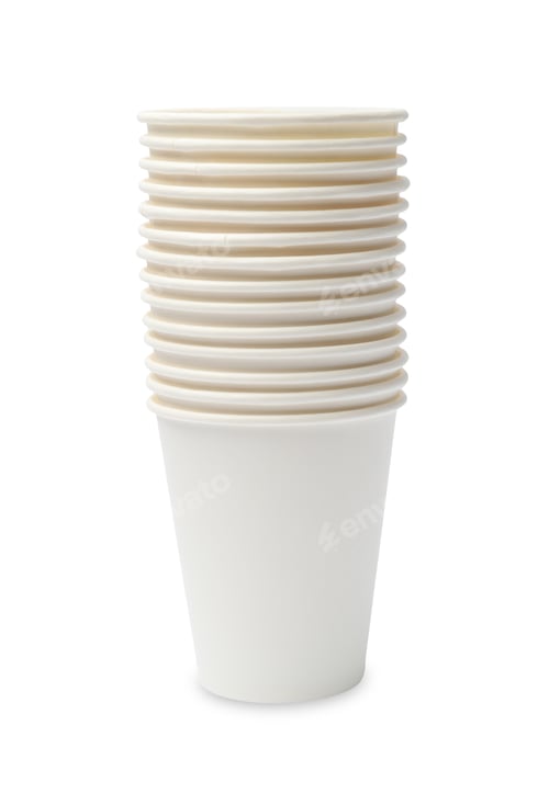 Preview: Disposable tableware. Stack of paper cups isolated on white