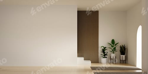 Preview: Interior design wellness with modern minimalism and natural features. 3D render illustration