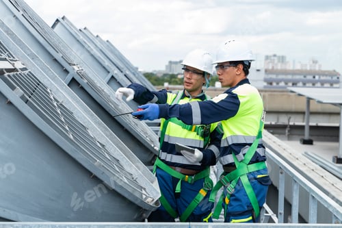 Preview: Engineers inspecting HVAC cooling systems on rooftop