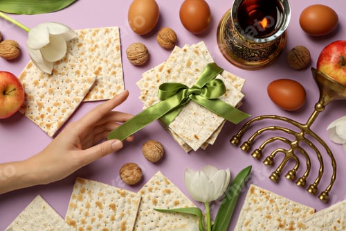 Preview: Matzo in hand, nuts, cup and flowers on pink background, top view