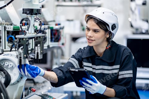 Preview: Modern industrial technology. Female Robotics engineer fitting sensors in robotics research facility
