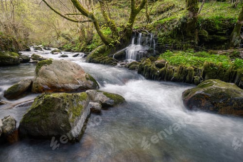 Preview: A stream flows into a river through a small waterfall