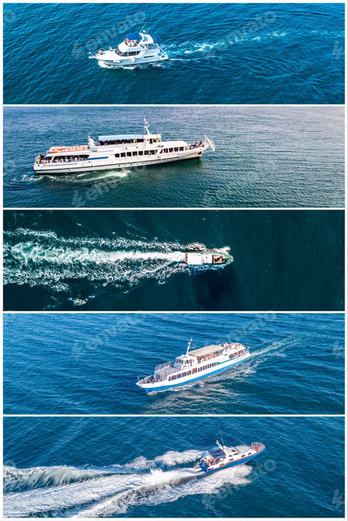 Preview: collage of five views of aerial ships boats and yachts on the sea