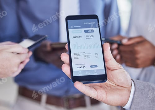 Preview: Trading, finance stats and hands with a phone for profit, digital analytics and money from business