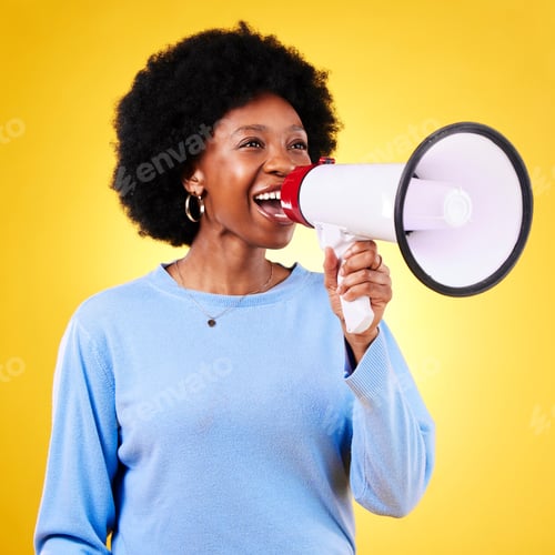 Preview: Happy woman, loudspeaker or megaphone to shout in studio for voice or announcement. African model p