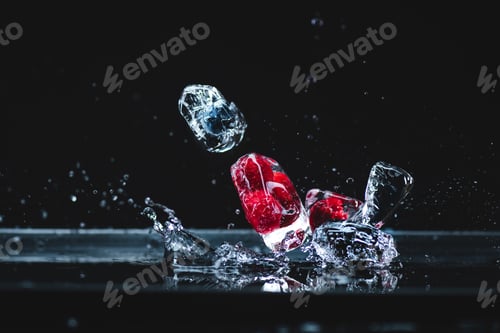 Preview: ripe frozen berries in transparent ice crystals and water drops on black