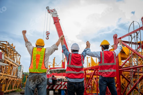 Preview: Three construction workers are holding hands and wearing orange vests