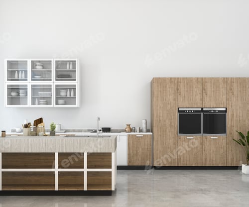Preview: 3d rendering white minimal mock up kitchen with wood decoration