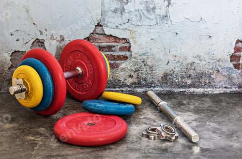 Preview: Dumbbells with colorful discs on the floor in the gym.