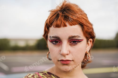 Preview: Young boho girl looking at camera outdoor - Focus on face