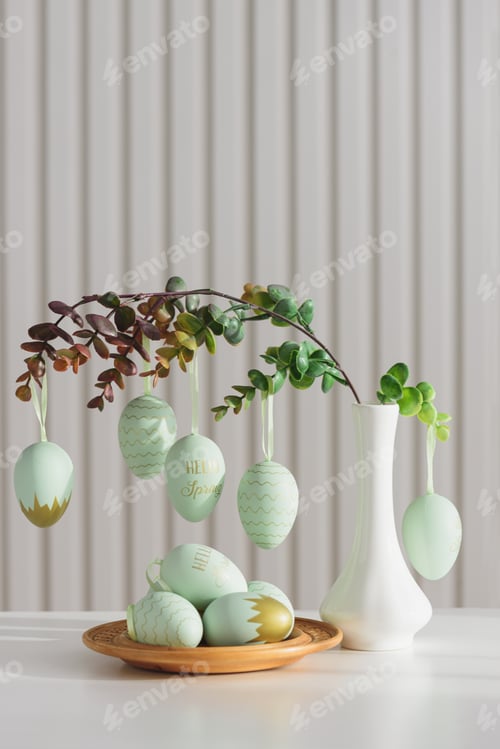 Preview: Hanging Easter Eggs and Spring Branches in Vase. Festive Pastel Decor