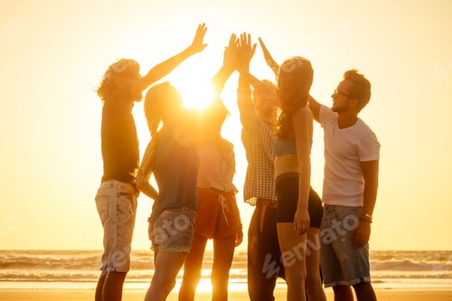 Preview: young multiethnic group of friends having fun on the beach