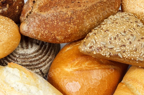 Preview: assorted of fresh bread and buns close up