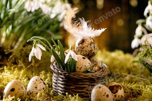Preview: Easter card with blossom spring flowers snowdrops in forest
