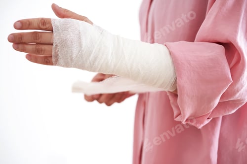 Preview: A woman in a pink shirt holds a bandage and puts a bandage on her arm.