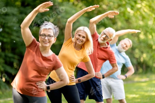 Preview: Group of sporty mature people doing stretching exercises at park